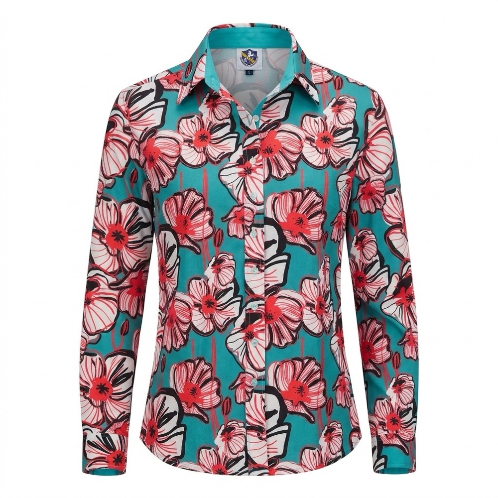 Royal Highness Equestrian Show Shirt Womens L‎ Teal Floral Long Sleeve Stretch